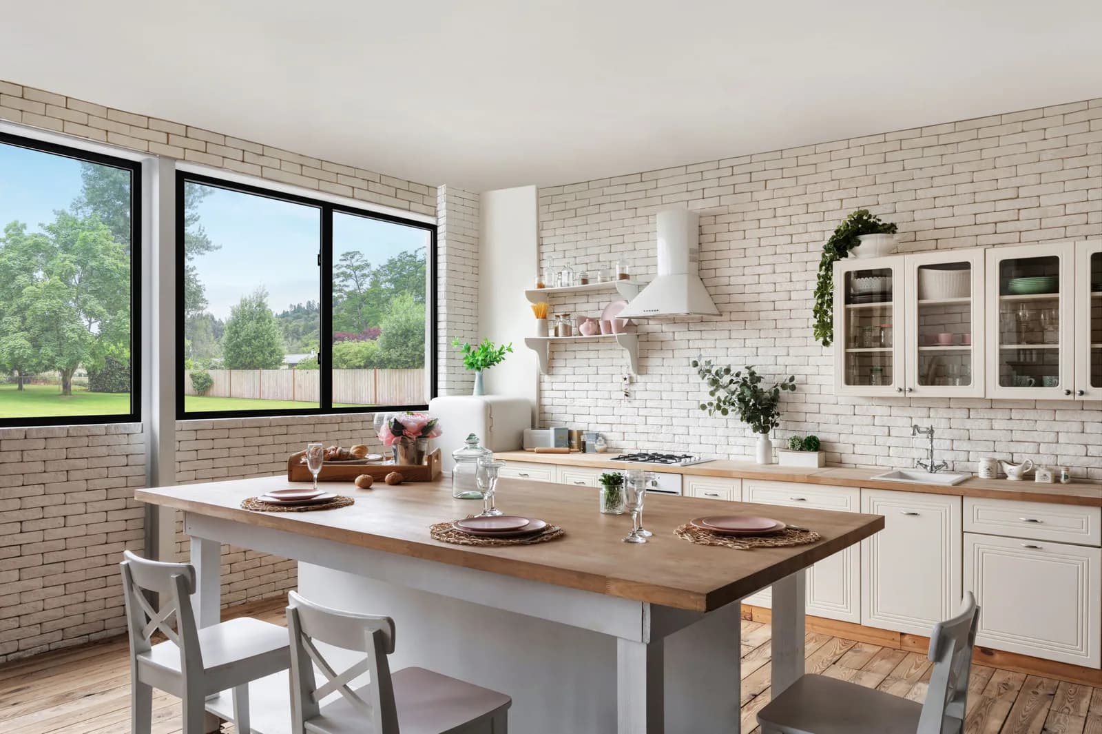 Black vinyl window frames in a kitchen with white brick walls