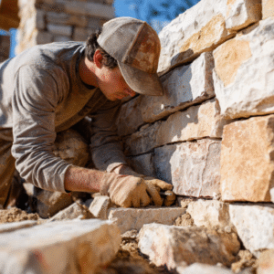 masonry contractor installing stone blocks in Waco, TX